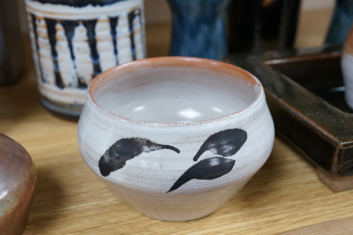 A collection of studio pottery to include a Celtic pottery Newlyn goblet, various jugs and bowls, largest 19cm high